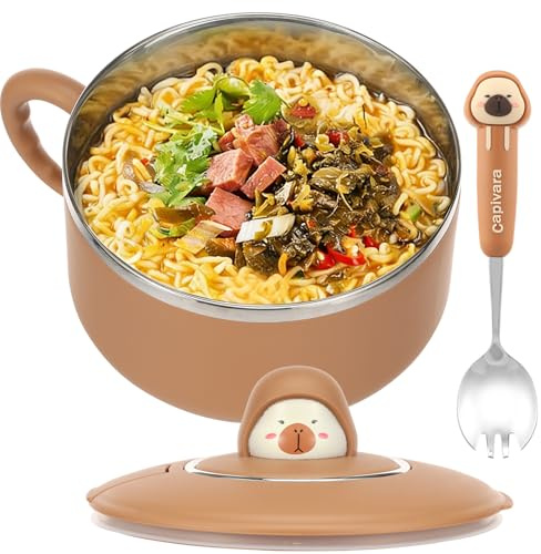 Alongen 1200ml Rapid Ramen Bowl with Filterable Lid,Stainless Steel Instant Noodle Pot with Lid and Spoon, Instant Serving Bowl Portable Salad Pasta Bow Easy Clean for Home Office University(Brown)