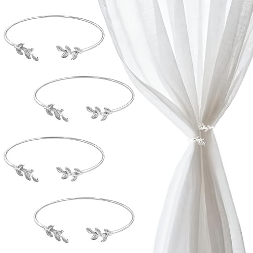 4 Stück Silberne Blatt Vorhang Raffhalter für Vorhänge, Elegante Raffhalter für Gardinen, Stilvolle Gardinen Raffhalter und Vorhanghalter zur Dekoration von Wohnräumen, Schlafzimmer oder Büro