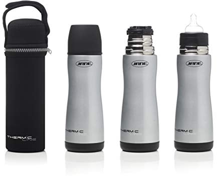 Jané Bouteille isotherme en acier inoxydable pour liquides, 300 ml, avec tétine en silicone, housse en néoprène incluse, maintient le chaud jusqu’à 8 h