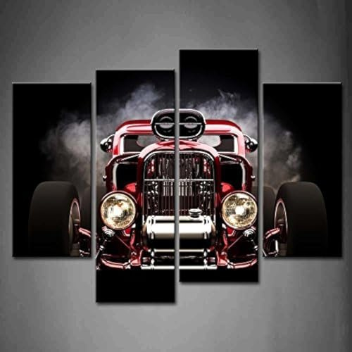 First Wall Art - Auto Leinwand Bilder Retro Rotes Auto mit Rauch auf Schwarzem Hintergrund Wandbild Poster 4 Panel Modern Dekorationen Für das Wohnzimmer,Büro,Küche,Badezimmer,Schlafzimmer