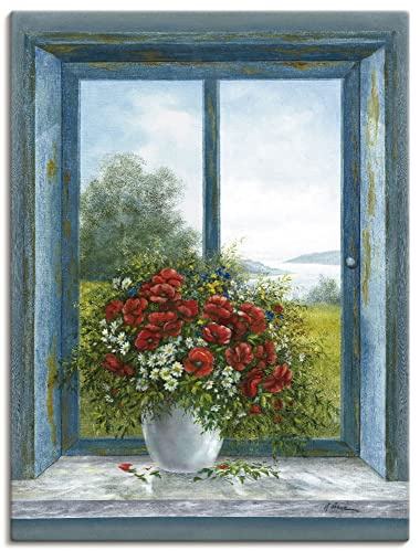 ARTLAND Wanddeko Leinwand Bilder Wandbild Stillleben Arrangements Botanik Malerei Blau A6KK Mohnblumen am Fenster