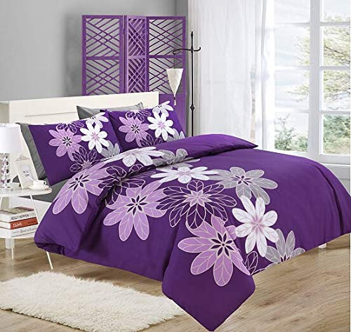 NZ Lynda Floral Luxurious Duvet Cover Sets Quilt Cover Sets Fully Reversible Bedding Sets With Matching Pillowcases (Lilac, Double)