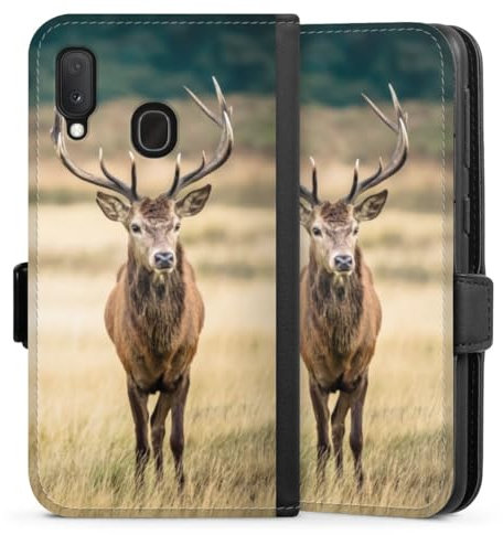 Klapphülle kompatibel mit Samsung Galaxy A20e Handyhülle aus Kunst Leder schwarz Flip Case Hirsch Wald Wiese
