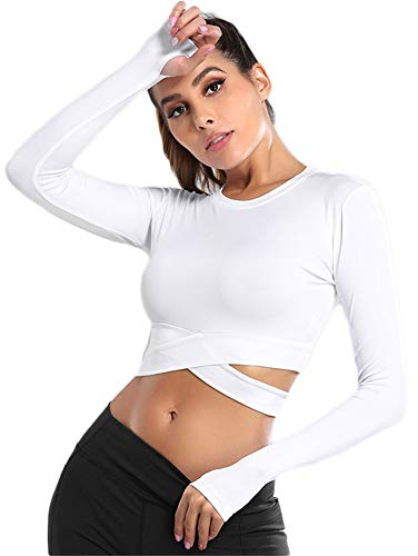 SotRong Women's Cross Bandage Yoga Gym Crop Top Compression Workout Athletic Long Sleeve Shirt with Thumb Holes White XL