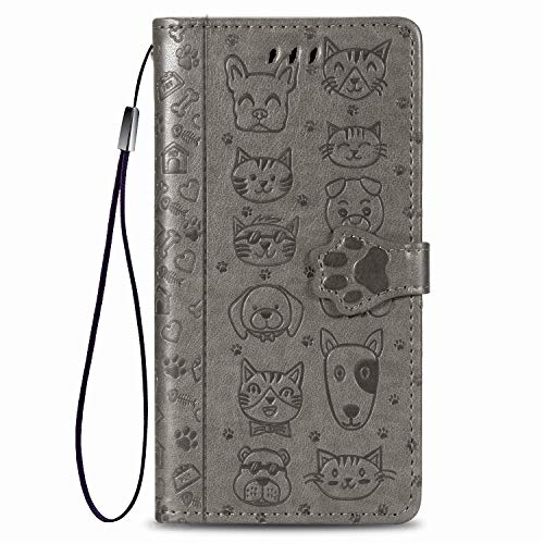Fertuo Hülle für iPhone SE 2022/2020, Handyhülle Leder Flip Case Tasche mit Kartenfach, Magnet und Standfunktion [Katze Hund Muster] Schutzhülle Cover für Apple iPhone SE 2020/8 / 7, Grau