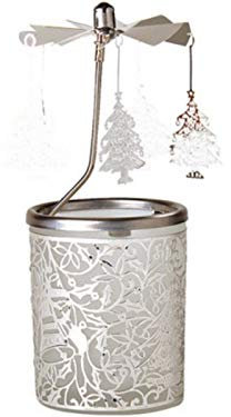 Windlicht-Karussell aus Glas mit Windspiel aus Metall - Teelichthalter mit Drehspiel (Silber) Ø 6 x Höhe 15cm (Weihnachtsglocken)