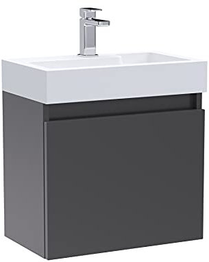 nuie MER018 Merit Modern Bathroom Slimline Wall Hung Single Door Vanity Unit and Polymarble Basin, 500 x 300mm, Gloss Grey