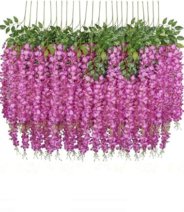 UNIQU 24 Stems Artificial Wisteria Vine - Hanging Silk Flowers Garland for Wedding Arch, Party, Home & Garden Decor - Fake Wisteria Flowers for Indoor Outdoor Decoration (Fuchsia)