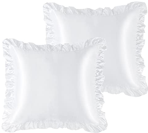 PiccoCasa Dekokissenbezüge aus Satin-Seide, dekorativ, quadratisch, mit Saum, Rüschen, für Wohnzimmer, Sofa, Schlafzimmer, 65 x 65 cm, Weiß, 2 Stück