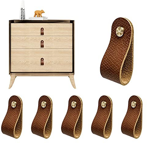 DOXILA Leather Drawer Pulls - 6PCS Door Handles for Furniture Kitchen Cupboard Handles Knobs with Srews, Door Knobs for Cabinet Wardrobe, Anti-Collision, Single Hole