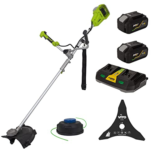 Vito - Desbrozadora con batería (40 V, 2 baterías de litio de 4 Ah, corte Ø 250 – 350 mm, hoja e hilo de nailon + cargador rápido