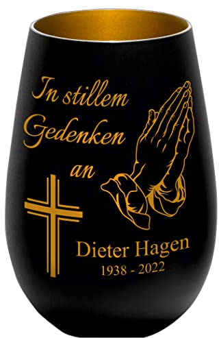 Trauerlicht - In stillem Gedenken - Betende Hände - Kreuz - schwarz/Gold - Gravur Namen und Datum - Gedenklicht Erinnerungslicht Grablicht Trauergeschenk
