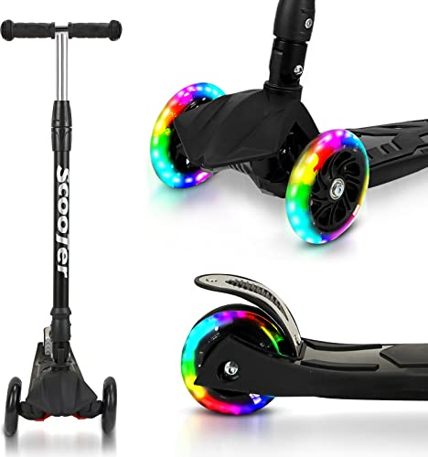 Tubiaz Kinder Roller, Höhenverstellbarer Kinderroller, 3 LED Leuchtenden Räder, 3 Räder Faltbar Kinderscooter, Tretroller für Kinder Jungen Mädchen 3-14 Jahre alt, Maximales Gewicht von 50 kg,Schwarz