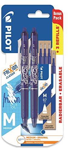 PILOT Frixion Clicker - Retractable Erasable Gel Ink Pens - Blue Ink - Medium 0.7mm Nib - Blister Pack of 2 + 6 Bonus Refills