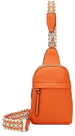 FASHION YOU WANT Sling Bag Brusttasche, Crossbody Umhängetasche Damen veganes Leder,Schultertasche Schulterrucksack Geldbörse für Reisen/Einkaufen mit Gitarren Muster Band (orange2)