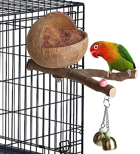Yemyap Vogel-Kokosnuss-Haus | Natürliches Vogelversteck aus Kokosnussschale - Nesthaus-Hüttenkäfig, Sittich-Nistkasten mit zerkleinerter Kokosnuss, Wellensittich, Liebesvögel, Finkenhaus