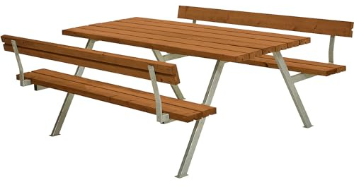 kaiserkraft | Gruppensitzbank | Gestell Stahl | feuerVerzinkt | LxT 1770 x 1850 mm | Nadelholz | teakfarben | mit Lehne