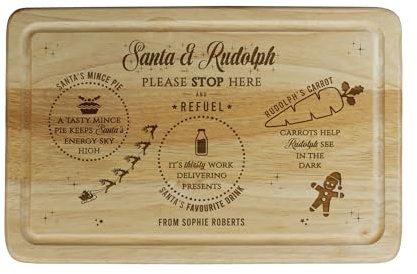 eBuyGB Personalised Christmas Eve Plate, Santa and Rudolph Stop Here & Refuel, Mince Pie for Santa, Carrot, Milk for Reindeer, Rectangle Wooden Xmas Board