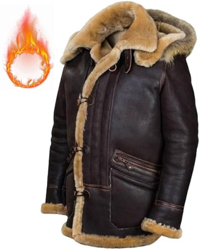 Jacke Pilot aus Schaffell B-7 Arctic Parka Art.208, Winterwarmes Leder für Herren, abnehmbare Fliegerjacke mit Kapuze, Abnehmbarer Jackenmantel mit Kapuze aus Lammfell (3XL,Braun)