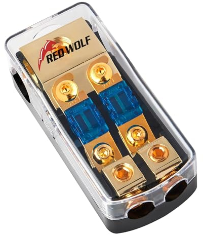 RED WOLF Mini ANL Sicherungshalter 60A, 2 Wege Kfz Stromverteiler mit 60 Ampere Flachsicherungen für Auto Audio Stereo Autobatterie Sicherungshalter 0/4 Gauge In 4/8 Gauge Out Verteilerblock