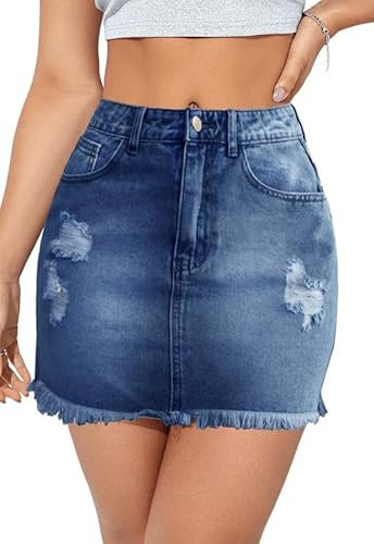Alaster Queen Women's Denim Mini Skirt Ladies Pencil Ripped Bodycon High Waisted Jean Skirt, L
