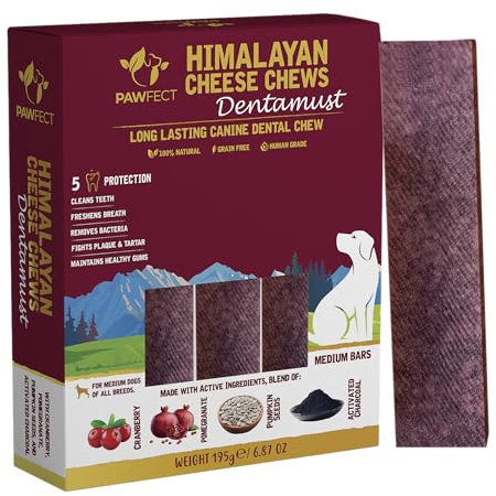 Pawfect Dentamust Himalayan Cheese Chew with Cranberry & Pomegranate for Dogs|Long lasting dental chews with Superfoods| All Natural, High protein|Grain-free | Pack of 3 for Medium Dogs (195g/6.88oz)