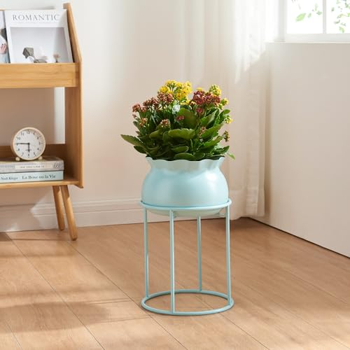 [en.casa] Soporte para Plantas Flores con 1 Macetero Extraíble Diseño Redondo Moderno Organizador de Macetas para Hogar y Oficina Portamacetas Metal 38xØ24 cm - Azul Claro