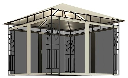 Pavillon mit Moskitonetz & LED-Lichterkette 3x3x2,73m Cremeweiß, 3070314