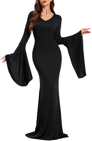LVCBL Women Halloween Long Sleeve Dresses Gothic V-Neck Gothic Fancy Dress Costumes Black S