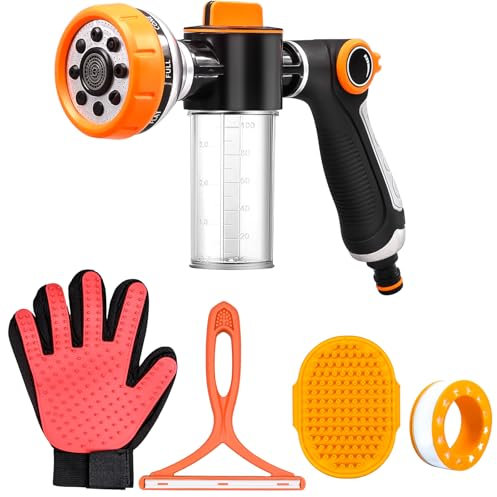 Upgrade Dog Washing Hose Attachment, 8 Spray Patterns Dog Wash with 3.5oz 100cc Soap Dispenser, Dog Washing Gloves, Dog Bath Brush, Suitable for Watering Plant, Patio, Cleaning, Showering Pet