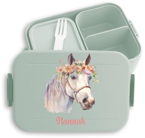 Kinder Bento Box Midi Mepal Bentobox - Pferd - Süße Pferde Brotdose für Mädchen | Auslaufsicher Ideal für Schule und Kindergarten | Mädchen Lunchbox mit Trennfach - 900 ml - Sage Grün