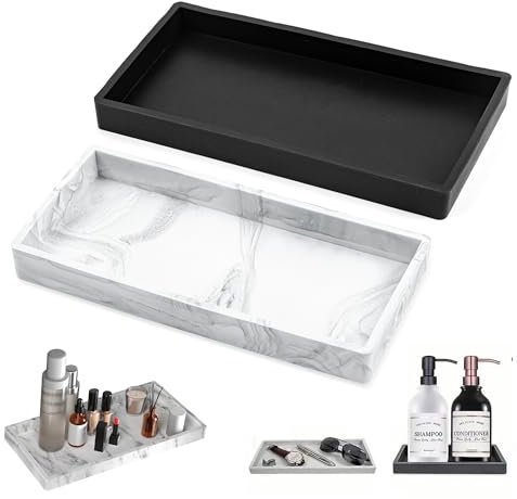 2 Piezas Bandeja De Baño, Negro Organador BañO, Plato de JoyeríA, SíLice Kit de Accesorios Baño, Cajas Almacenaje Decorativas para Baños Dormitorios Y Salones, 20 X 10cm Mármol+Negro