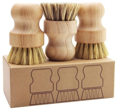 Gotpgoda Palm Pot Brush, Bamboo Dish Brush, Mini Natural Scrub Brush, Kitchen Cleaning Kit with Natural Sisal Bristles for Cleaning Pots, Pans and Vegetables, Set of 3