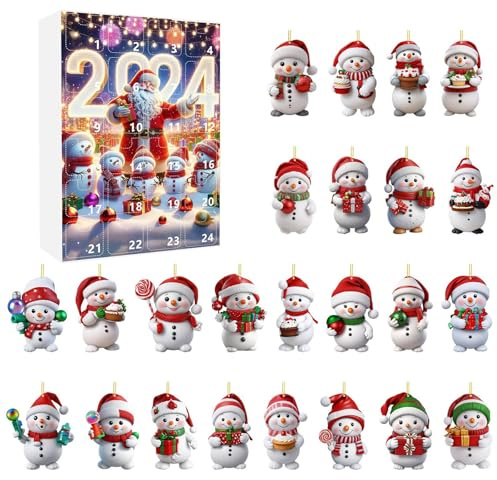 Schneemann Adventskalender 2024, Weihnachten Urlaub Adventskalender, Weihnachtsbaum 2D Acryl Schneemann Anhänger Dekorationen Weihnachten 2024, 24 Tage Countdown Überraschung Weihnachten Sammlerstück
