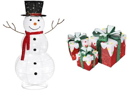 LEADZM LED Weihnachten deko-Beleuchteter Schneemann 90 weiße LED-Weihnachts Dekoration-Weihnachtenbox-Warmes Licht- Christbaumschmuck(Schneemann und Geschenkbox)