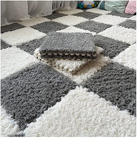 Plüschschaum-Bodenmatte, ineinandergreifende Teppichfliesen, quadratisch, flauschig, Spielmatte, weicher Kletterbereich, Teppiche für Zuhause, Spielzimmer, Dekoration, 30,5 x 30,5 cm, Grau und Weiß,