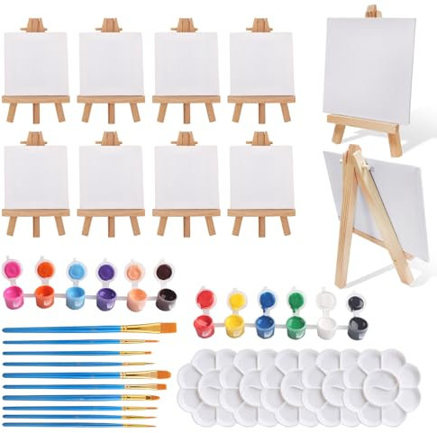 10 Pcs Mini Chevalet en Bois Pliable Mini Chevalet Bois Triangulaire Petit Chevalet avec 10 Toile Peinture et Pinceaux pour Bricolage Peinture Mariage Décoration Noël Anniversaire Baptême Cours d'Art