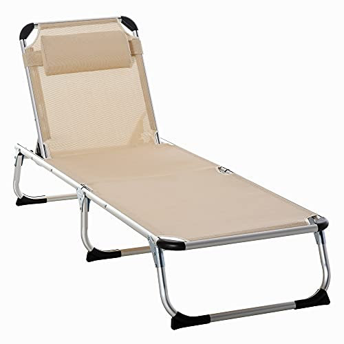 Outsunny Bain de Soleil Chaise Longue Pliante avec appuie-tête, transat inclinable en Aluminium et textilène, transat Jardin extérieur pour Plage Relax Camping Piscine terrasse, 165x60x76cm, Beige