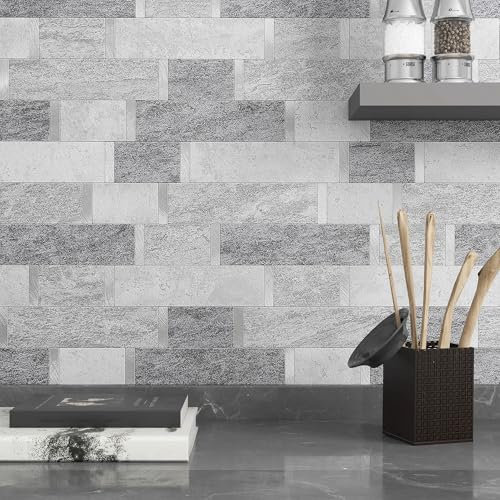 VAOVI Stick on Subway Kitchen Splashback Marble Mosaic Self Adhesive Tiles for Bathroom Wall Sticker Waterproof(Grey 10 Sheets)