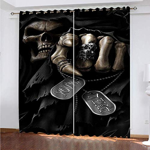 WYXWZ Gardinen Vorhang Blickdicht Ösen Fenster Verdunkelungsvorhang Lichtundurchlässige Ösenvorhang UV Schutz für Schlafzimmer Geräuschreduzierung 2 Stück x 140 B x 260 cm H Schwarz & Totenköpfe