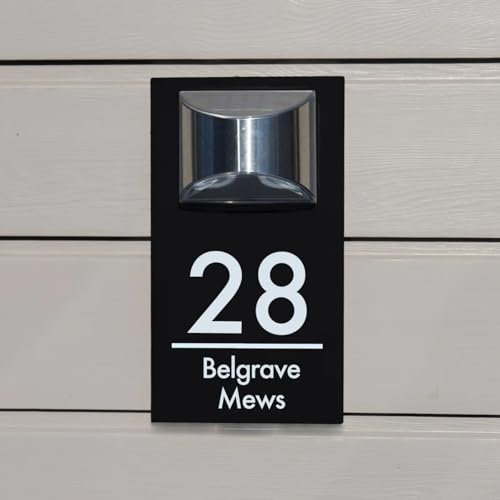 Panneau d'adresse solaire personnalisé avec lumière LED, plaque de numéro de maison personnalisée, panneau d'adresse extérieur moderne (noir (texte blanc), 15 x 28 cm