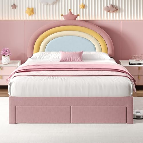 Upholstered Bed with 2 Storage Drawers, 4ft6 Double Bed Frame with Adjustable Crown Rainbow Headboard&Slats, Velvet Upholstered Platform Bed for Adults Kids Teenagers, No Mattress, Pink, 135x190 cm