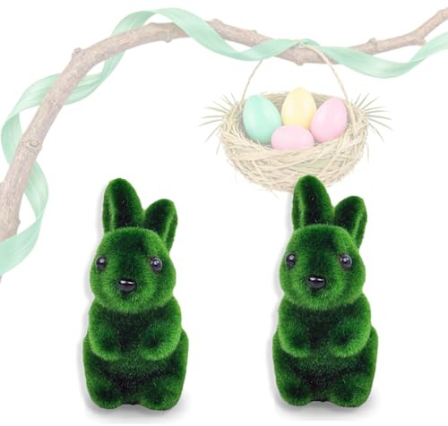 2Pcs Moss Flocked Bunny Easter Decorations 11CM Moss Rabbit Grass Furry Bunny Figurine Topiary, Spring Party Garden Yard Ornament Miniature for Fairy Gardens