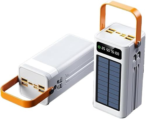Portable Power Bank 100000mAh 120W PD 20W Powerbank battery pack Charger Large Capacity 5 Outputs 2 Inputs Solar energy with double Fast Charging cables for iPhoneiPad Camping (white)