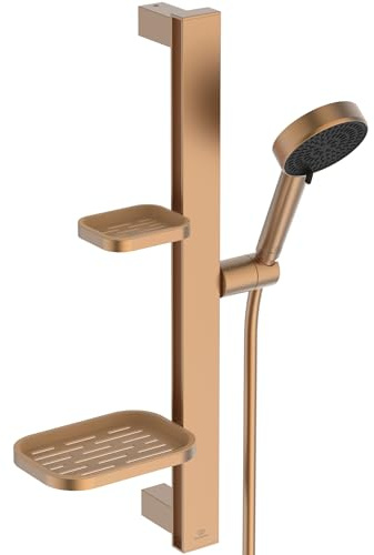Ideal Standard Idealrain Alu+ Kit de ducha con barra, Cabezal de ducha con ahorro de agua, dos tipos de chorro (SilkRain y Rain) y bandejas ajustables – Bronce (349x157x600 mm)