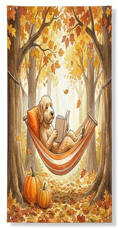 Herbst-Labradoodle-Hunde-Türbanner dekorativ, Urlaub, lustige Bücher, Haustürabdeckung, Hintergrunddekoration, für drinnen und draußen, Herbst-Hof-Hintergrund, Zubehör, 91,4 x 183,9 cm