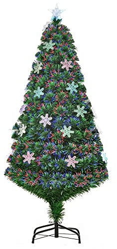 HOMCOM Albero di Natale Artificiale 150cm con Fibre Ottiche e 21 Luci LED, Decorazioni a Forma di Fiocco di Neve, Verde