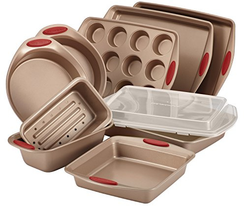 Rachael Ray 52410 Cucina Nonstick Bakeware Set Baking Cookie Sheets Cake Muffin Bread Pan, Steel, Latte Brown with Cranberry Red Grips