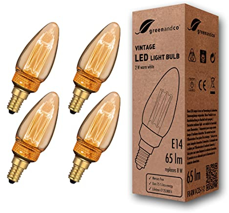 greenandco Bombilla LED Decorativa Edison Estilo Vintage | 1800K Blanco Extra Cálido | 320° | 230V | Sin Parpadeos | E14 C35 | Dorado | 2W 65lm | No Regulable | 4 unidades