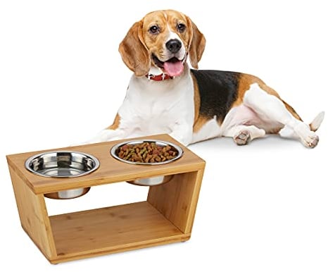 relaxdays Ciotole Rialzate con 2 Scodelle in Acciaio, Cani Media Taglia, per Acqua & Cibo, Alzatina,18,5x40x21, Naturale